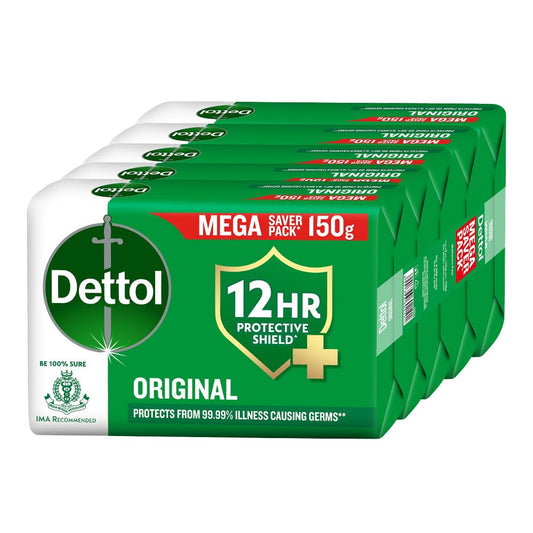 Dettol Original Bathing Soap Bar with 12 HR protective shield (225gm) | Kills 99.99% Germs, 45g (Pack of 5)