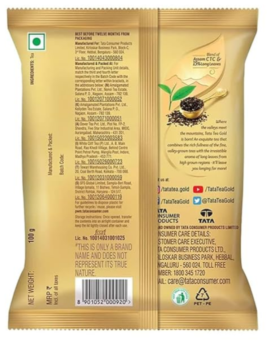 Tata Tea Gold | Assam teas with Gently Rolled Aromatic Long Leaves | Rich & Aromatic Chai | Black Tea | 100gram|Powder