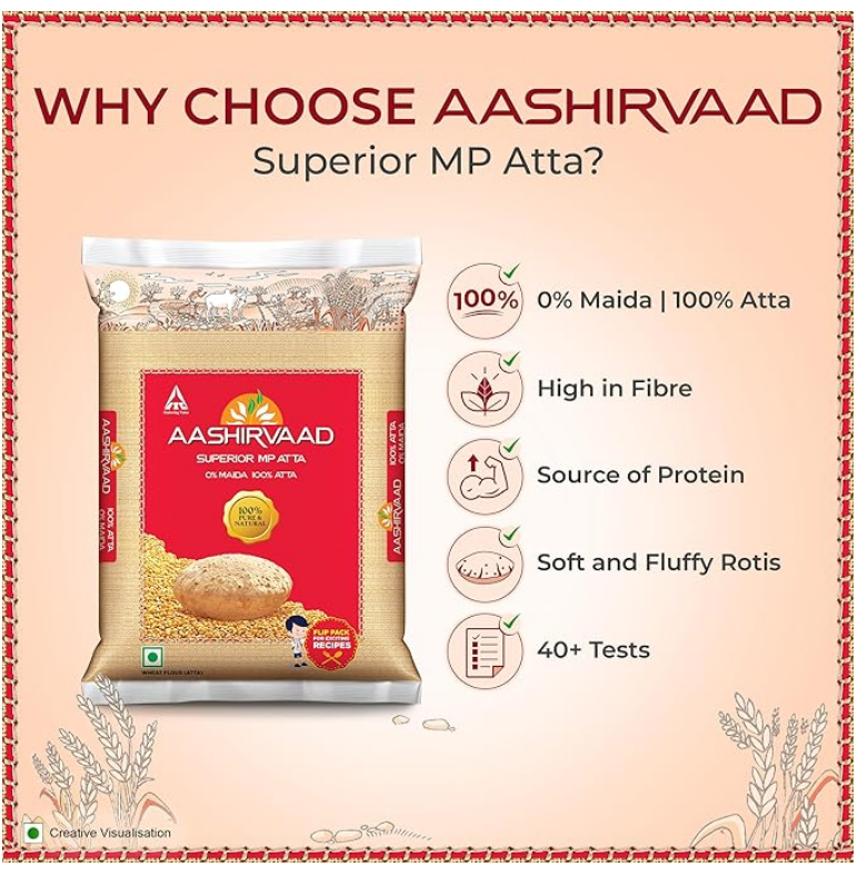 Aashirvaad Superior MP Atta – 5kg 100% Whole Wheat Flour, 0% Maida.