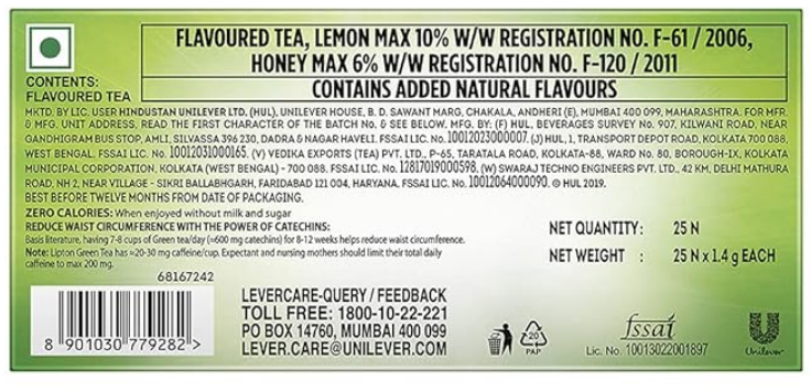 Lipton Honey Lemon Green Tea Bags, 25 Pieces, , lemon & honey (25*1.4gm each)